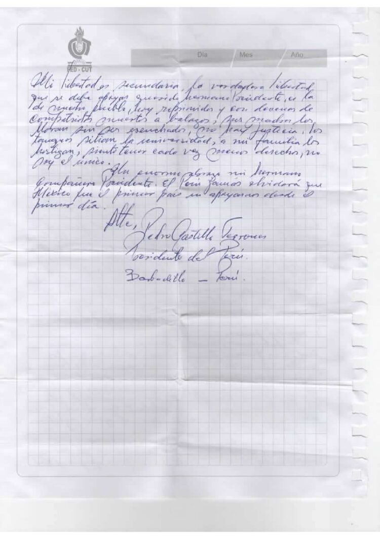 Carta del presidente Pedro Castillo al presidente de México  AMLO desde el penal Barbadillo