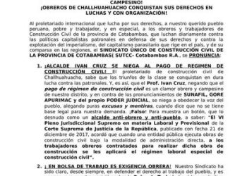 Perú: Alcalde de challhuahuacho, Apurímac, es un anti obrero