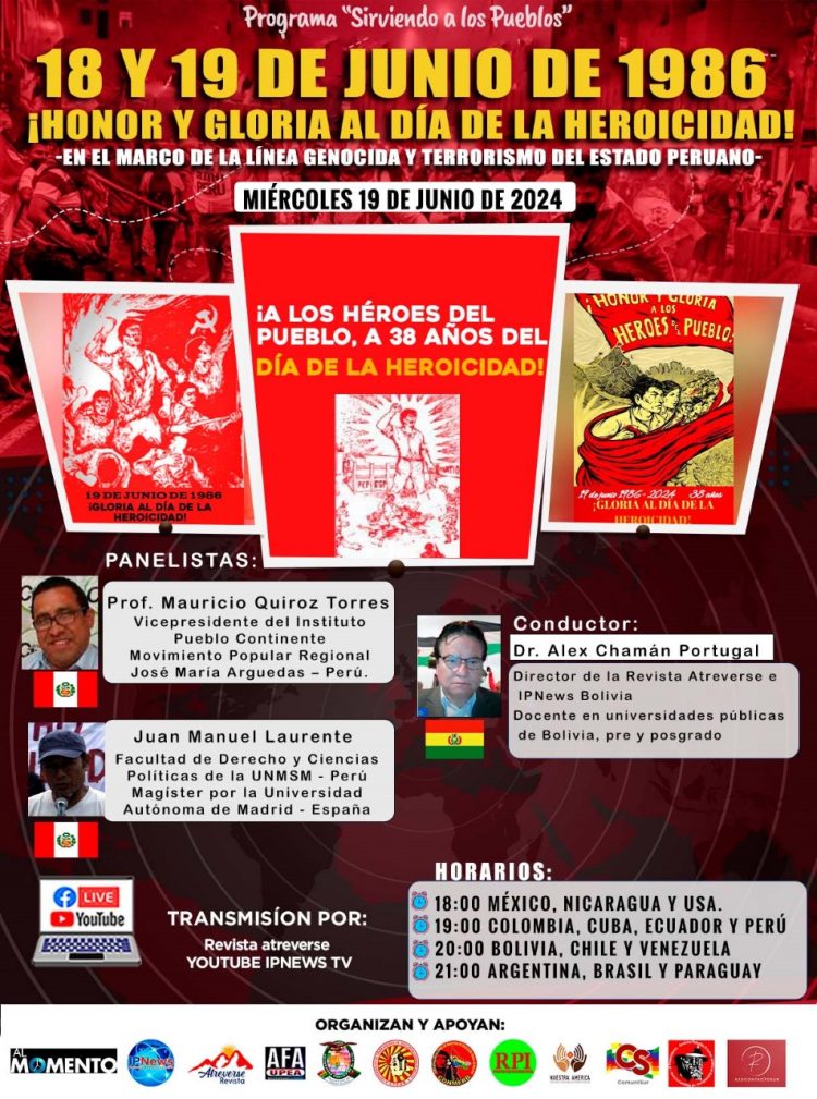Perú: Hoy miércoles 19 de junio, desde las 7 pm., debate sobre 38 años del genocidio de los penales