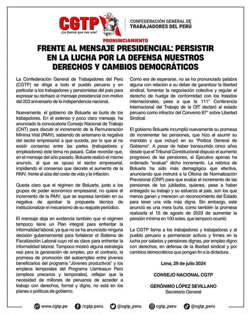 Perรบ: Pronunciamiento de la CGTP sobre el mensaje presidencial de la dictadura