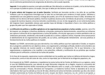 Perú: Frente FDOSP se pronuncia sobre la lucha antidictadura