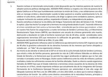 Perú: Ex oficiales cachacos de ADOGEN-PERU cuestionan a la iglesia católica en comunicado.