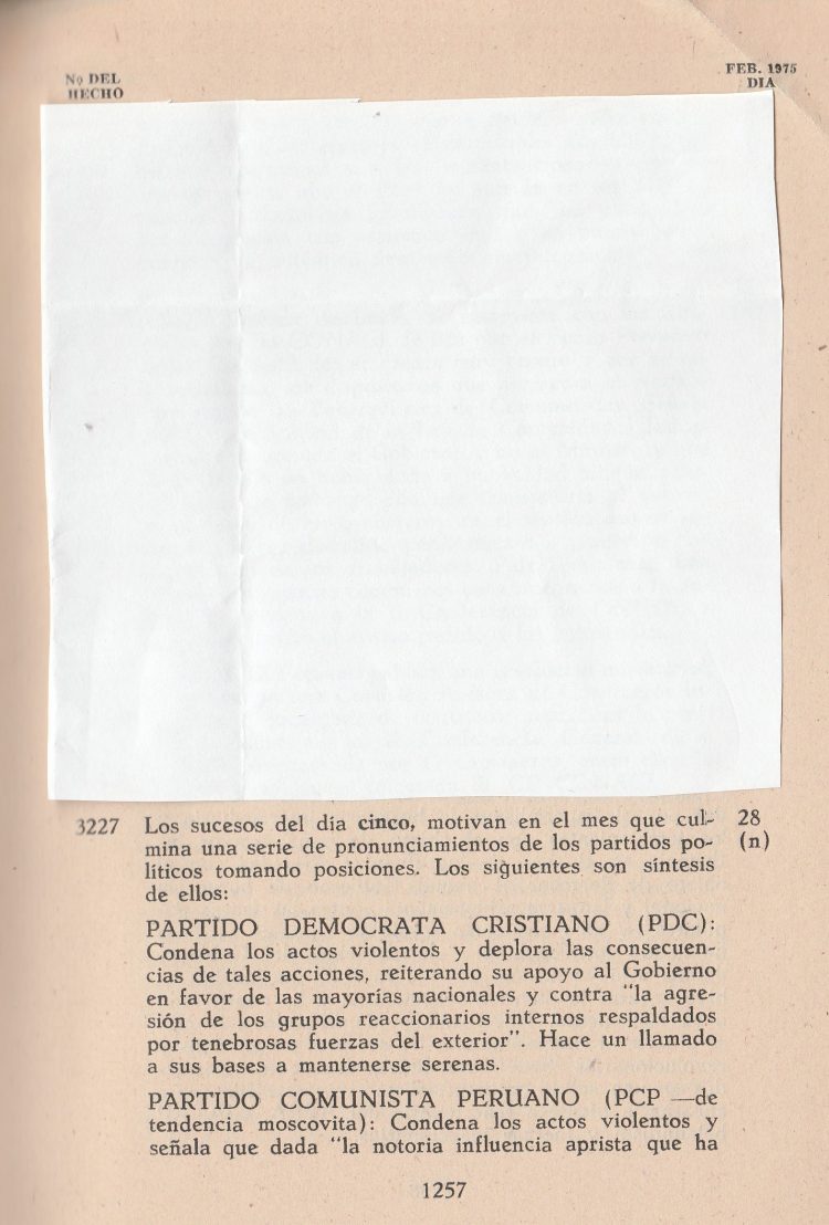 Perú: 5 de febrero de 1975: los Partidos y organizaciones se pronuncian sobre la protesta popular