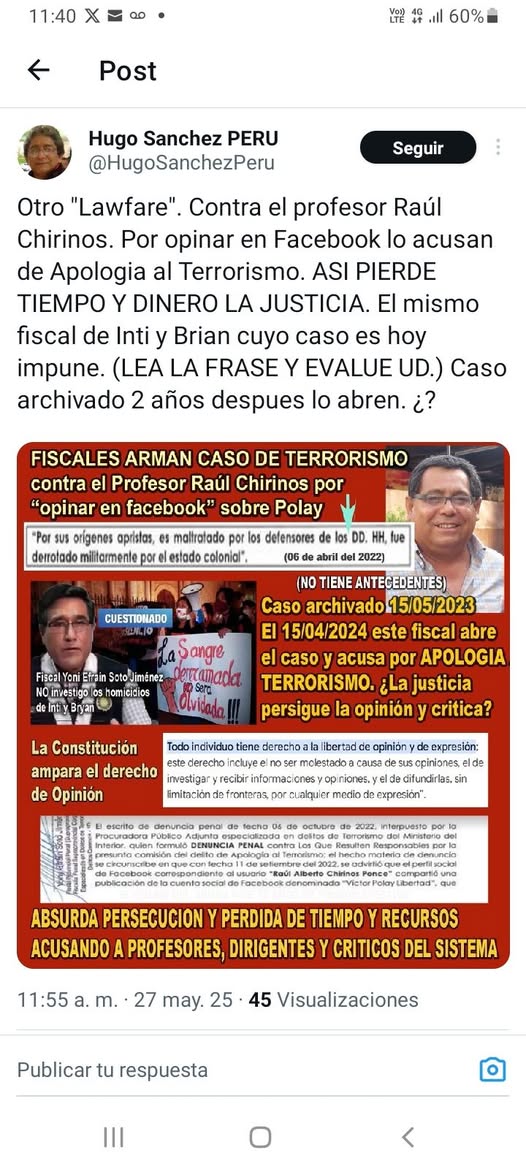 Perú: Alto a la persecución política al profesor Raúl Chirinos Ponce